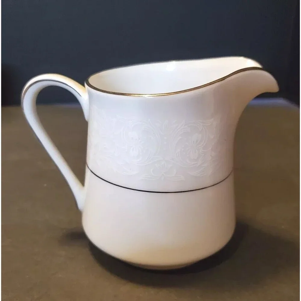 Brocade Style House Creamer Pitcher Made In Japan VTG Retired Platinum Trim Vtg